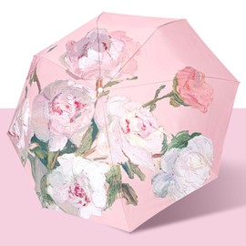 XiranYien 42 Inch Compact Travel Umbrella, Automatic Folding, Lightweight, Windproof, Colorful Flower Rain Umbrella for Adults & Women, Portable for Backpack (Pink Flower)