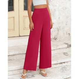 BTFBM Womens Wide Leg Pants Dressy Casual Elastic High Waisted Palazzo Business Lounge Trousers with Pockets(Solid Rose Red, 6)