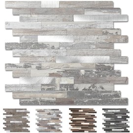 5 - Sheets Peel and Stick Wood Metal Tile Backsplash, Stick on Tiles for Backsplash Kitchen, Bathroom, Laundry Room, Camper, Fireplace (12'' X 12'', in Light Rustic)