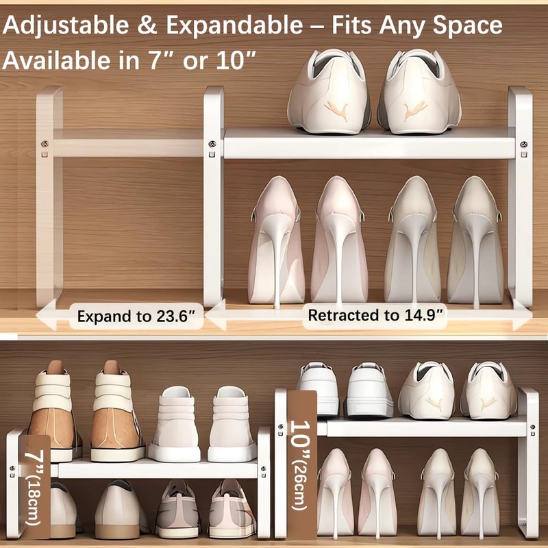 Yagizaai Expandable 1-Tier Metal Shoe Rack (H:10"), Adjustable Width 14.9"-23.6",
