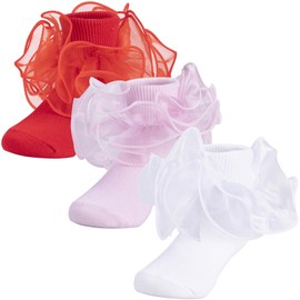 Dicry Baby Girls Double Lace Turn Cuff Socks with Big Ruffle for Infant (3 Pairs White Pink Red, 3-6 Months)