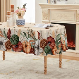 Horaldaily Fall Tablecloth 60×84 Inch Oval, Flower Autumn Harvest Pumpkin Washable Seasonal Table Cover for Party Picnic Dinner Decor