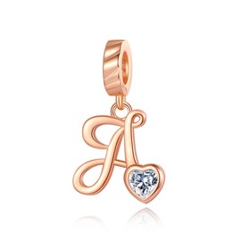 NINGAN Alphabet Series Pendant Charm Rose Gold 925 Sterling Silver Letter Charms Initial A-Z Dangle Beads for European Charm Bracelet, Silver, Cubic Zirconia