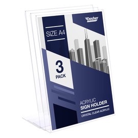Slant Back Acrylic Sign Holder A4, 3 Pack, Portrait Ad Frames, Clear Picture Frame for Signs, Brochure, Flyer, Menu, Paper, Poster, Display. Slanted Plastic Message Board Stand for Home, Office, Store