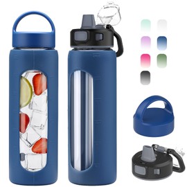 Kodrine 24oz Glass Water Bottle With Straw and 2 Lids, Blue