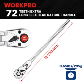 WORKPRO 1/4 inch Drive Extra Long Flex Head Ratchet, 12 Inch Long CR-V Steel Ratchet Handle with Chromium Plating, CR-MO Head, Quick Release Reversible Design, 72-Tooth