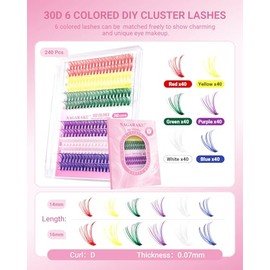 NAGARAKU Pestañas DIY Clusters 240 Piezas, 30D 0.07C 14/16mm, 6 Colores | Sin Pegamento DIY Kit Todo en 1 para Principiantes, Base Delgada y Suave, Vo