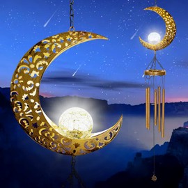 Adeco 43.31 inch Solar Wind Chimes, Metal Moon Wind Chime Decor Outdoor Hanging Chime Waterproof LED Wind Bells for Outside Home Garden