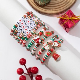 meosked Y2k Heishi Stackable Colorful Clay Beaded Surfer Preppy Bracelets Set for Women (Red, medium)