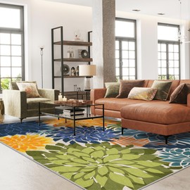 Arenarug Indoor Outdoor Area Rug Washable Multicolored Patio Rug Tropical Botanical Modern Floral Indoor Outdoor Carpet Non Slip Yellow Green Rug Non Shedding for Patio, Deck, Backyard, Porch (9x12)