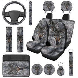 DBBXHZJY 14 Pcs Gray Wolf Car Seat Covers with Steering Wheel Cover,Armrest Cushion,Seat Belt Covers Cup Holder with Keychain,Grey Animal Print Automotive Protector Set Unverisal Fit Cars SUV Turcks