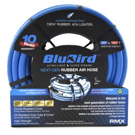 BLUBIRD BB1425 1/4" x 25' Rubber Air Hose, 100% Rubber, Lightest, Strongest, Most Flexible, 300 PSI, 50F to 190F Degrees, Ozone Resistant, High Strength Polyester Braided