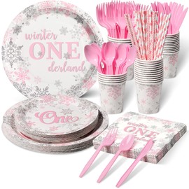 Winter Onederland Party Supplies Pink and Silver Snowflake Plates and Napkins Set Disposable 1st Birthday Party Tableware for Winter Onederland Snowflake Baby Girl First Birthday Party Decor Serve 25
