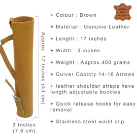 Traditional Leather Quiver Archery Quiver Arrow Holder Waist/Hip Hanging Shoulder Bag Shooting Hunting Shoulder Strap Adjustable Waist Bag Brown Leather