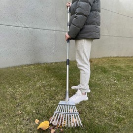 Small Leaf Rake with 11 Metal Tines, 33-68 Inch Rake for Leaves 9'' Wide Adjustable Stainless Steel Handle for Shrub, Flower Bed & Small Area