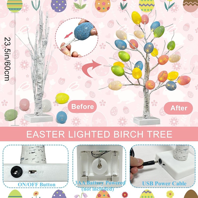 ApisNest Pre-lit Easter Tree Decorations,24 Inch Easter Birch Tree with