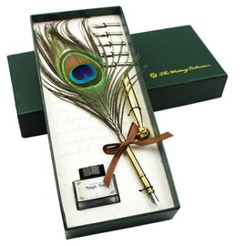 Feather Quill Pen Ink Set-Vintage Peacock Feather Pen with Holder,5pc Metal Pen Nib Writing Calligraphy Pen Set for Beginner