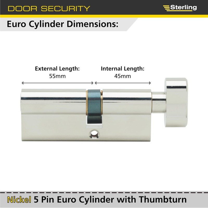 Sterling ETN4555V 5 Pin Euro Thumbturn Cylinder, Nickel, 45x55mm