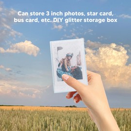 3 Inch Photo Storage Box, Crystal Texture Mini Photo Holder Case with Hand Rope for Instant Camera Photo (Blue Transparent Glitter)