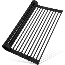 MERRYBOX Roll Up Dish Drying Rack Silicone Wrapped Over The Sink Dish Drying Rack Multipurpose Foldable Sink Drying Mat Anti-Slip & Anti-Rust Dish Rack for Kitchen, 17.5" x 13", Black