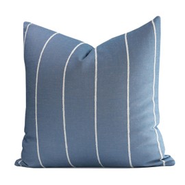 Crumbs Home Coastal Linen Indoor Outdoor Throw Pillow Cover Only, 22"x22" Water Repellent for Patio, Backyard, Couch, Azure Blue Embroidered Stripes