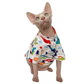 Sphynx Hairless Cat Summer Cotton T-Shirts Cat Vest Pet Clothes,Round Collar Vest Kitten Shirts Sleeveless, Cats & Small Dogs Apparel (Dinosaur, Small)