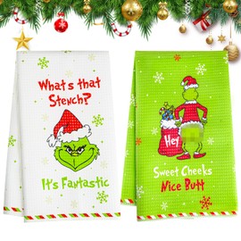 HGRGHH Christmas Kitchen Towels, 2 Pieces Funny Holiday Tea Towels 60 x 40 cm, Grin-ch Bath Towels Tea Towel Christmas for Table Decoration Christmas, Home Decorations, Cute Xmas Gifts (B)