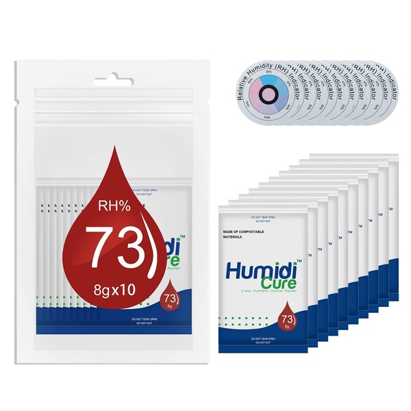Humidi-Cure 10Packs RH73% Cigar Humidors,2-Way Humidity Control Packs,73% Humidor Packets with RH Indicator Card,Size 8g