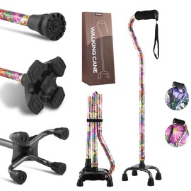 LIXIANG Walking Canes Stablize Women Quad Canes for Seniors & Adults Foldable Adjustable for Men & Women Heavy Duty Freestanding Cane for People with Leg Injuries 3 footings (Purple Flower)