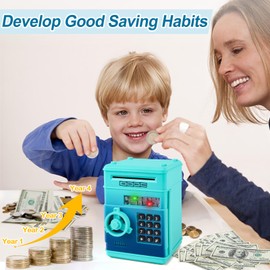 Highttoy Money Boxes for Children from 3 Years, Electronic Money Box Piggy Bank for Children Safe Money Boxes with Code ATM Saving Bank ATM Money Box Gifts Boys Girls Teal Green