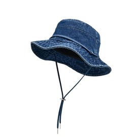 Michear Sun Hats for Men,Denim Bucket Hat, Summer Sun Protection Wide Brim Outdoor Fishing Walking Hiking Boonie Hat with Adjustable Chin Strap Breathable (UK, Alpha, One Size, M, Navy Blue)