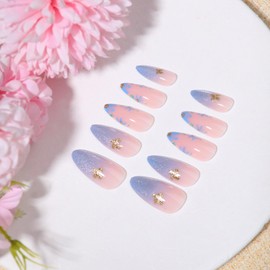 Flower Press on Nails Medium Almond Fake Nails Cat Eye Golden Butterfly Blue Flowers Acrylic Nails Glue on Nails, Summer Glitter False Nails Stick on Nails for Women 24 Pcs