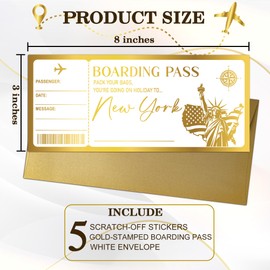 5 Set New York Boarding Pass with Gold Envelopes, 3'' x 8'' Surprise Holiday Golden Ticket, Vacation Ticket Gift, Surprise Gift Idea for Birthday Christmas Anniversary Valentine's, Party Supply-A16