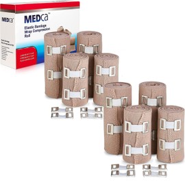 Elastic Compression Bandage Wrap - Premium Quality (Set of 8) w/Hooks, Athletic Sport Support Tape Rolls for Ankle, Wrist, Arm, Leg Sprains First Aid Bandages Measure (4)- 4" x 5 Ft (4)- 3" x 5 Ft