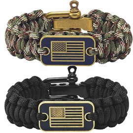 Onewly Paracord Bracelets with Bronze USA Flag - Gifts for Military Veterans with Tactical Survival Bracelet - Pulseras Para Hombres - Bracelets for Men (Black+Camo, L(9.2-10.2in))