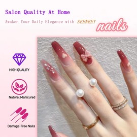 Long Press on Nails Square Fake Nails Gradient Acrylic Nails Press on Artificial Nails, Ombre False nails with Pink Bow Design for Women and Girls 24pcs， gradient10