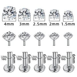 hujiling 10 anillos de labios de acero inoxidable de 20 g sin rosca, aretes de cartílago de circonita cúbica para mujer, aretes de nariz de 1,5 mm, 2 mm, 2,5 mm, 3 mm, 4 mm, joyería redonda de vidrio para la nariz (6 mm), 16G 6MM Lip Stud, Acero inoxidab