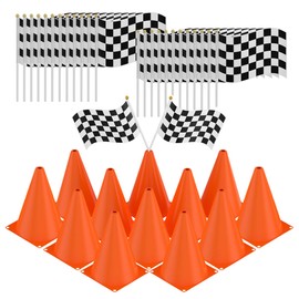PartyTreasuresCo レースコーン パーティー&チェックフラッグパーティー用 (36個) - レースカー 誕生日パーティー用品 12トラフィックコーン 事前に穴あけ & 24レーシングフラッグ - レースカーテーマ&レーシングカーパーティーデコレーション