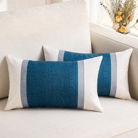 Decorative Pillow Covers Linen for Home, 12 x 20 Inch White Grey and Blue Striped Pillow Case Polyester Modern Farmhouse Decor Accent Cushion Covers for Couch Sofa Set of 2