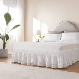MIYE Wrap Around Ruffled Lace Bed Skirt, Elastic Dust Ruffle with Adjustable Belts, Easy to Put On, Bed Frame Cover, Machine Washable (Embroidered/White, Full/Twin-22 Drop)