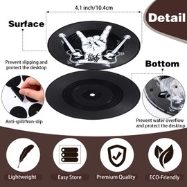 Boao 6 Pcs Funny Retro Vinyl Record Coasters for Drinks 4 Inch Cool Coaster with Retro Wood Holder Drink Coasters Record Coasters for Home Decoration Music Lovers Housewarming Gift(Classic,Rock)