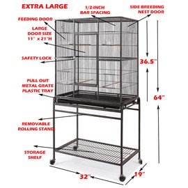 Extra Large Wrought Iron Metal Bird Flight Cage Aviary with Removable Rolling Stand, 32-Inch by 19-Inch by 64-Inch