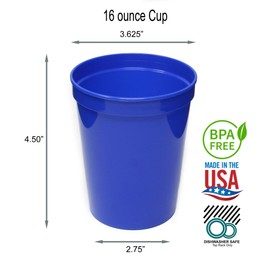 Rolling Sands 16 oz. Reusable Plastic Stadium Cups, 8 Pack, Made in USA, BPA-Free Dishwasher Safe Tumblers, Blue
