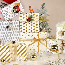 Christmas Wrapping Paper, 6 Sheets White Gold and Silver Christmas Wrapping Paper for Women Female Girls, Metallic Foil Gift Wrapping Paper for Christmas New Year Winter Birthday Holiday, 50 x70cm