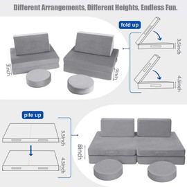 MeMoreCool Kids Couch, Foam Sofa, Convertible Play Couch, Grey
