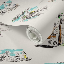 Peel & Stick Wallpaper 9ft x 2ft - Retro Mid Century Vintage Vacation Up North Wisconsin Travel 1960S Lake Holiday Cabin Woods Camping Custom Removable Wallpaper by Spoonflower