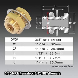 Boeray 2pcs Brass Pipe Fitting 3/8" NPT Female x 3/8" NPT Female 1.3" Length Outer Diameter 1"-14 Bulkhead Coupling Bulkhead Tank Fitting Frame Hose Connector Fit min 25mm Hole