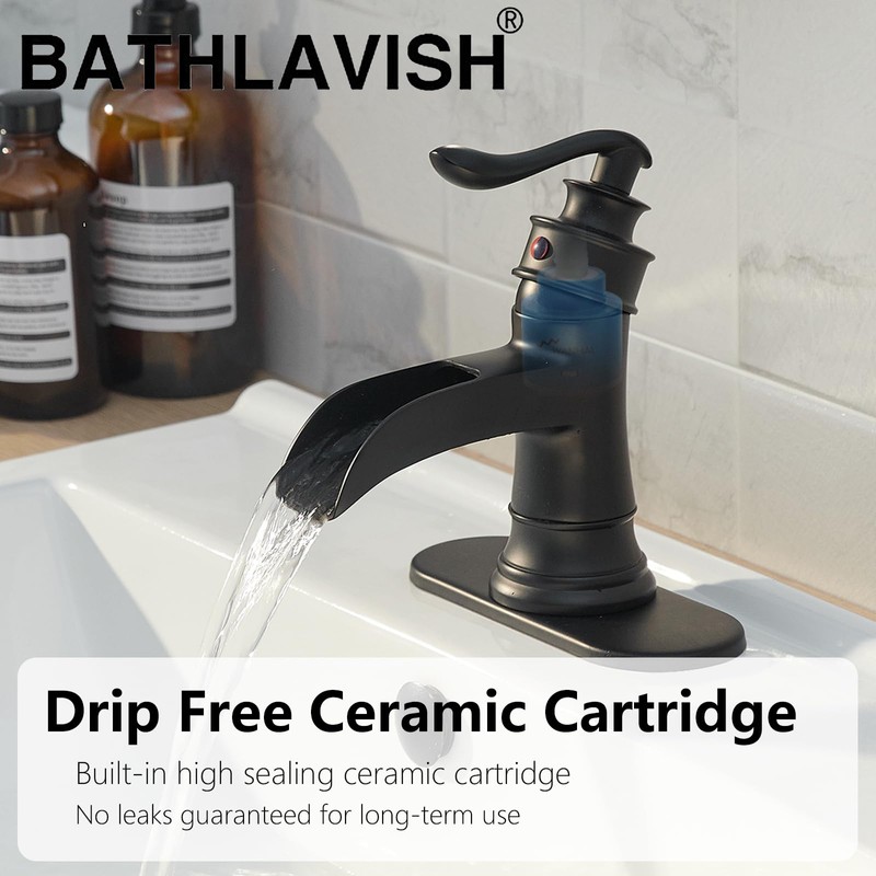 BATHLAVISH Matte Black Waterfall Bathroom Faucet, Single Handle Bathroom Sink