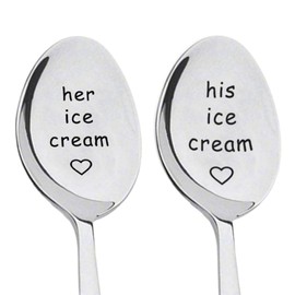 2 Pieces Ice Cream Engraved Spoons His & Hers Couple Gift Idea Anniversary Wedding Valentines Wife Husband Boyfriend Girlfriend Engagement Stainless Steel Coffee Tea Dessert Silverware