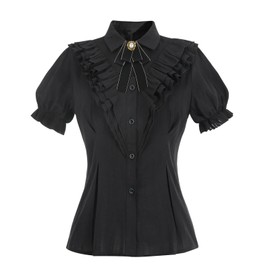 Nuoqi Victorian Blouse Women Black Ruffle Edwardian Shirt Short Cotton 1800s Vintage Top with Bow M